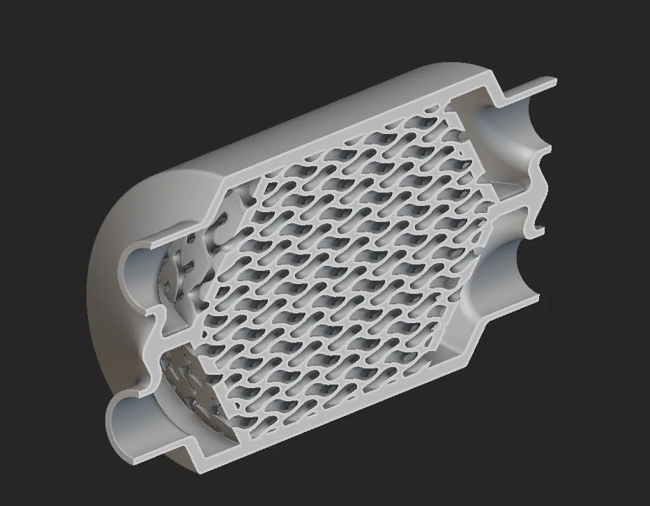 Cutaway rendering of a cylindrical heat exchanger containing a repeating gyroid-derived internal core.