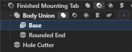 Rig Cad Objects panel showing a difference root, a union body, and a hole cutter
